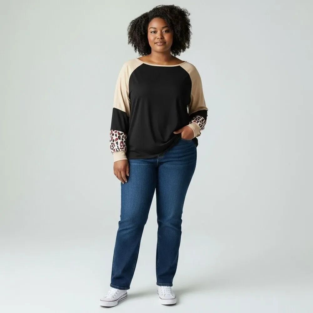 Solid Black with Cheetah Spots Long Sleeves Crew Neck Pullover Sweater Linen XL